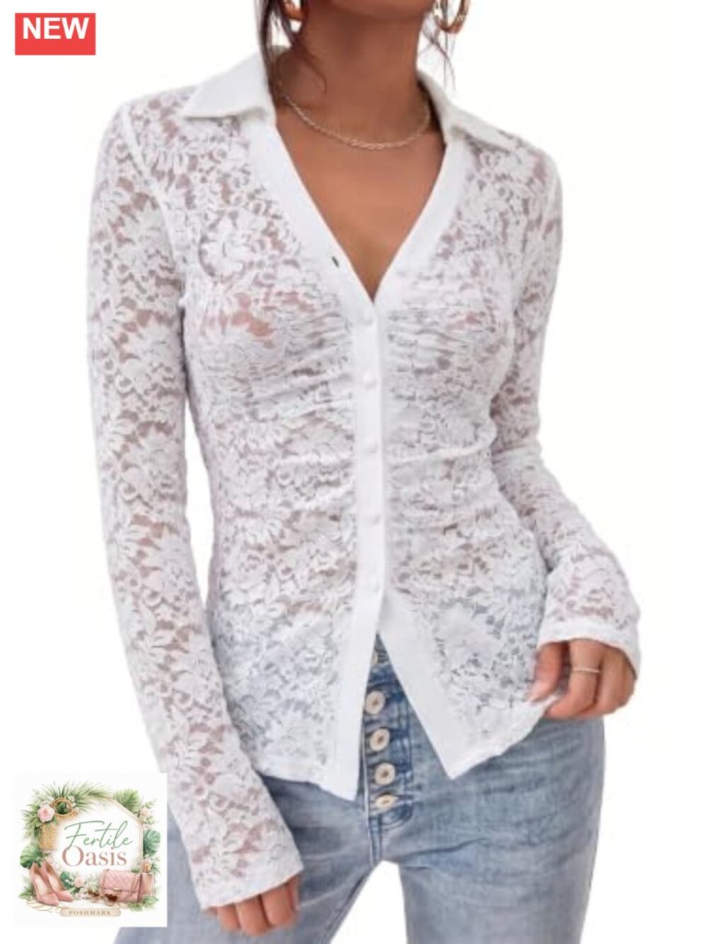 Sheer Lace Button Down Blouse Long Sleeve Women Dressy Going Out Top